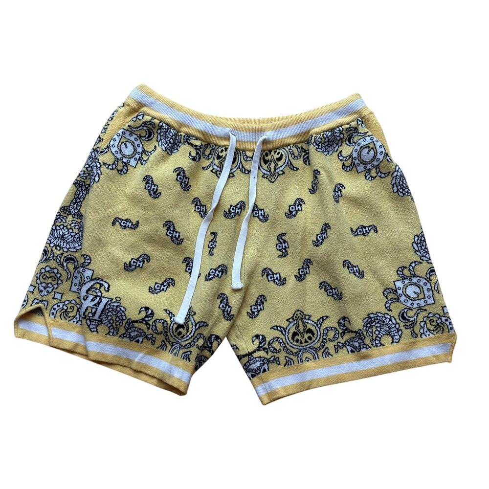 Citizens of Heaven Paisley Yellow Black White Knit Drawstring Shorts Size L